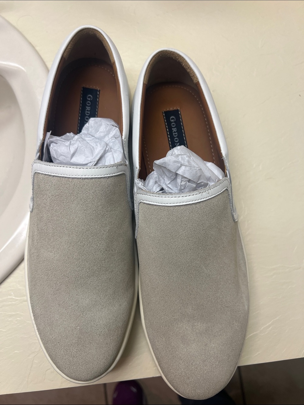 Gordon Rush Slip-On Suede Loafers in Light Gray and White Trim